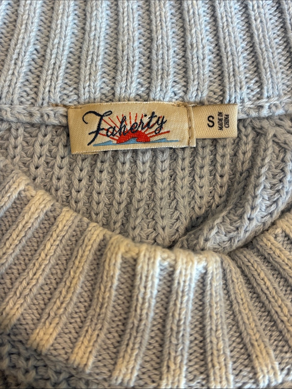 Faherty Light Blue 100% Organic Cotton Ribbed Raglan Knit Sweater S Coastal
